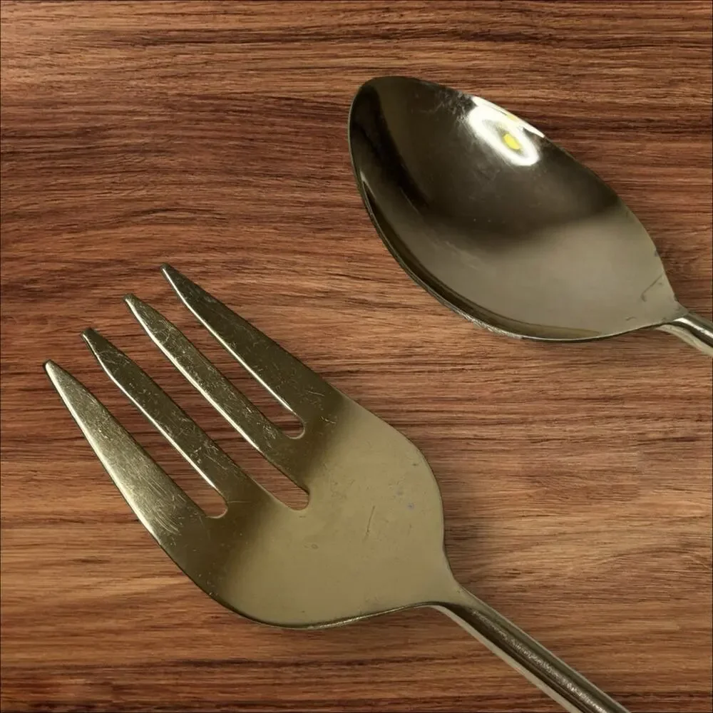 Vintage Serving Spoon & Fork Set Gold Tone Brass Handles MCM Hollywood Regency